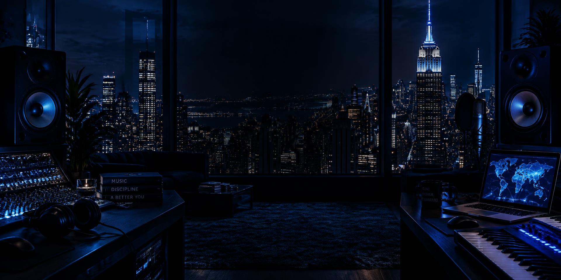 Blue-lit recording studio overlooking the New York City skyline at night