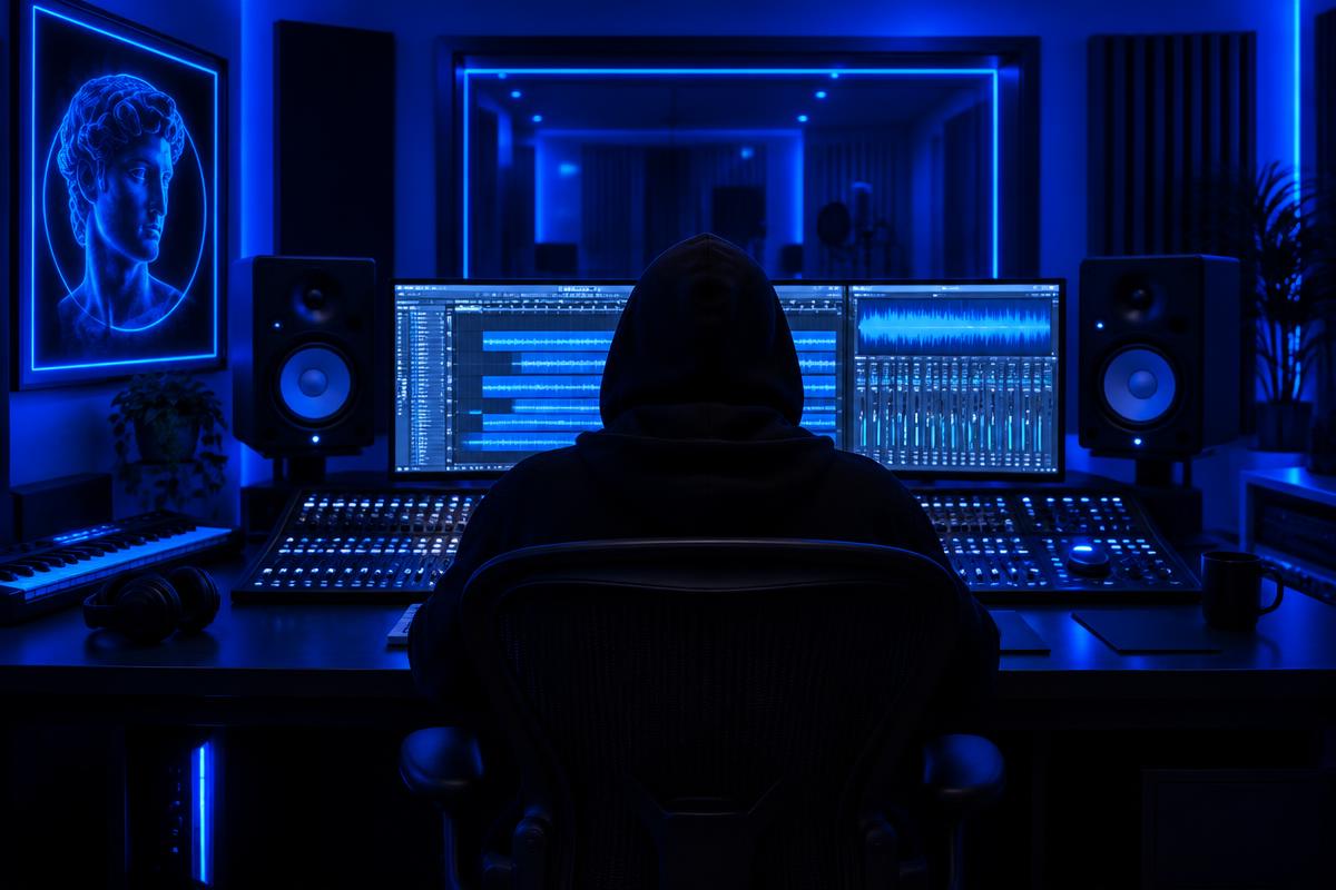 Producer in a black hoodie working at a blue-lit studio desk